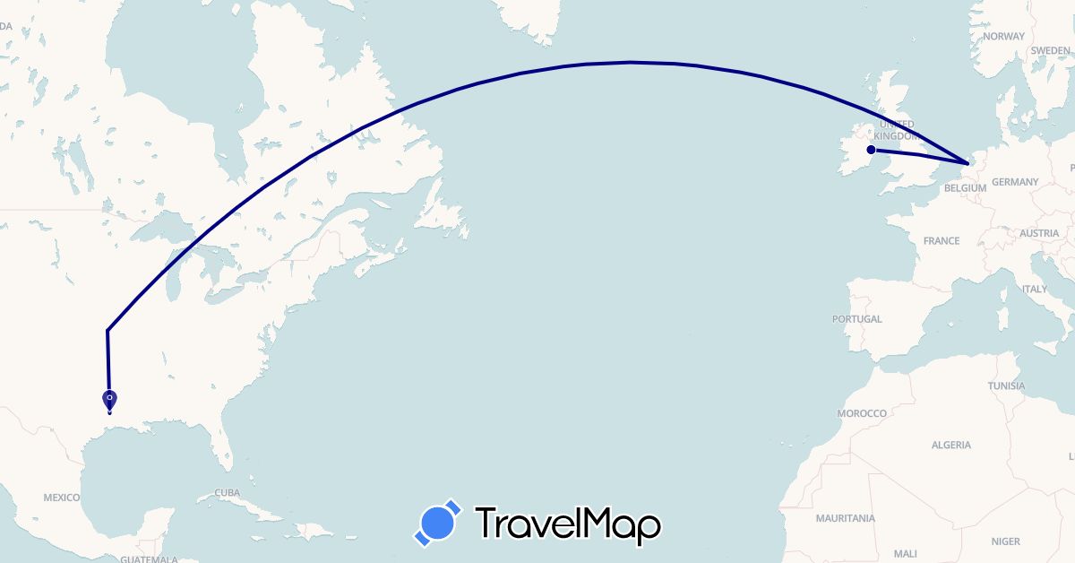 TravelMap itinerary: driving in Ireland, Netherlands, United States (Europe, North America)